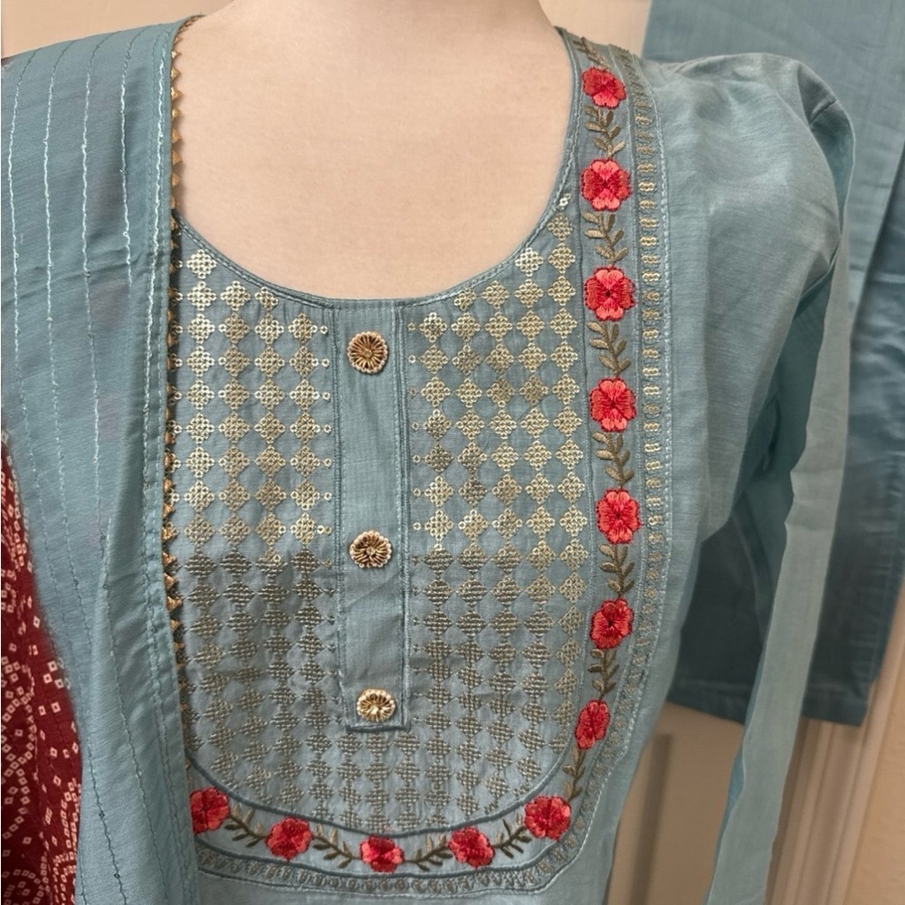 New Pakistani Indian designer Blue and Red Embroidered shalwar kameez #636 - Picture 4 of 5